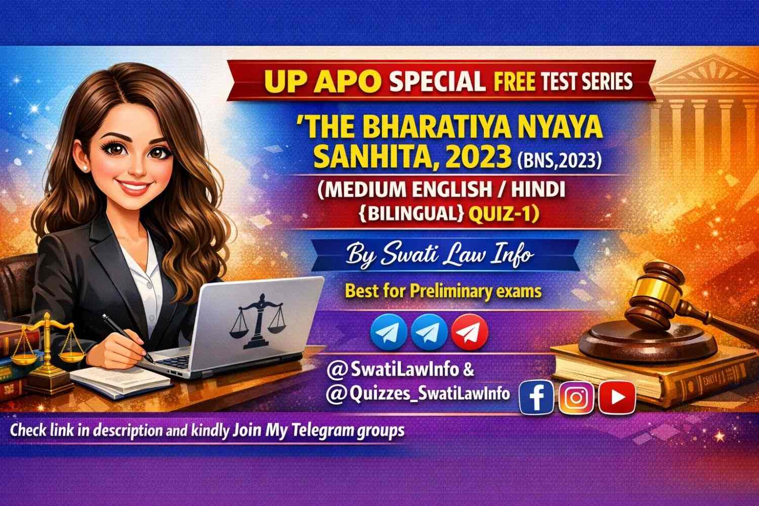 THE BHARATIYA NYAYA SANHITA, 2023 (BNS,2023) (MEDIUM ENGLISH/HINDI {BILINGUAL} QUIZ-1)  BY ADV SWATI @SwatiLawInfo FROM PUNJAB 👑👩🏻‍⚖️ ⚖️ 'https://t.me/Quizzes_SwatiLawInfo